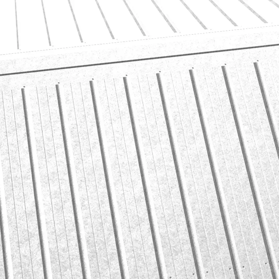 White metal roofing with vertical ridges and a horizontal seam.