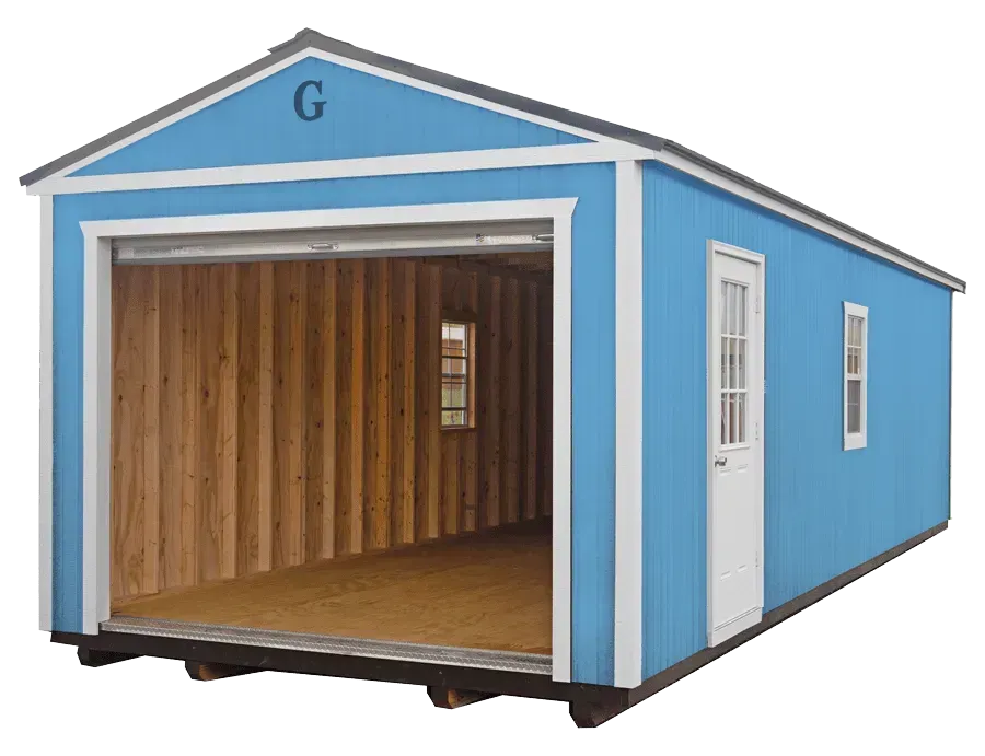 Blue shed with a large open garage door, white trim, a door, and windows.