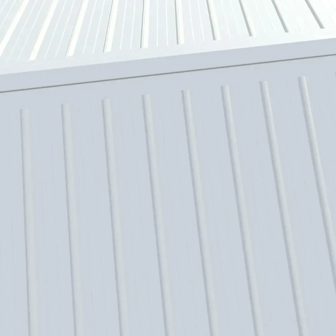 White metal radiator with vertical ridges.