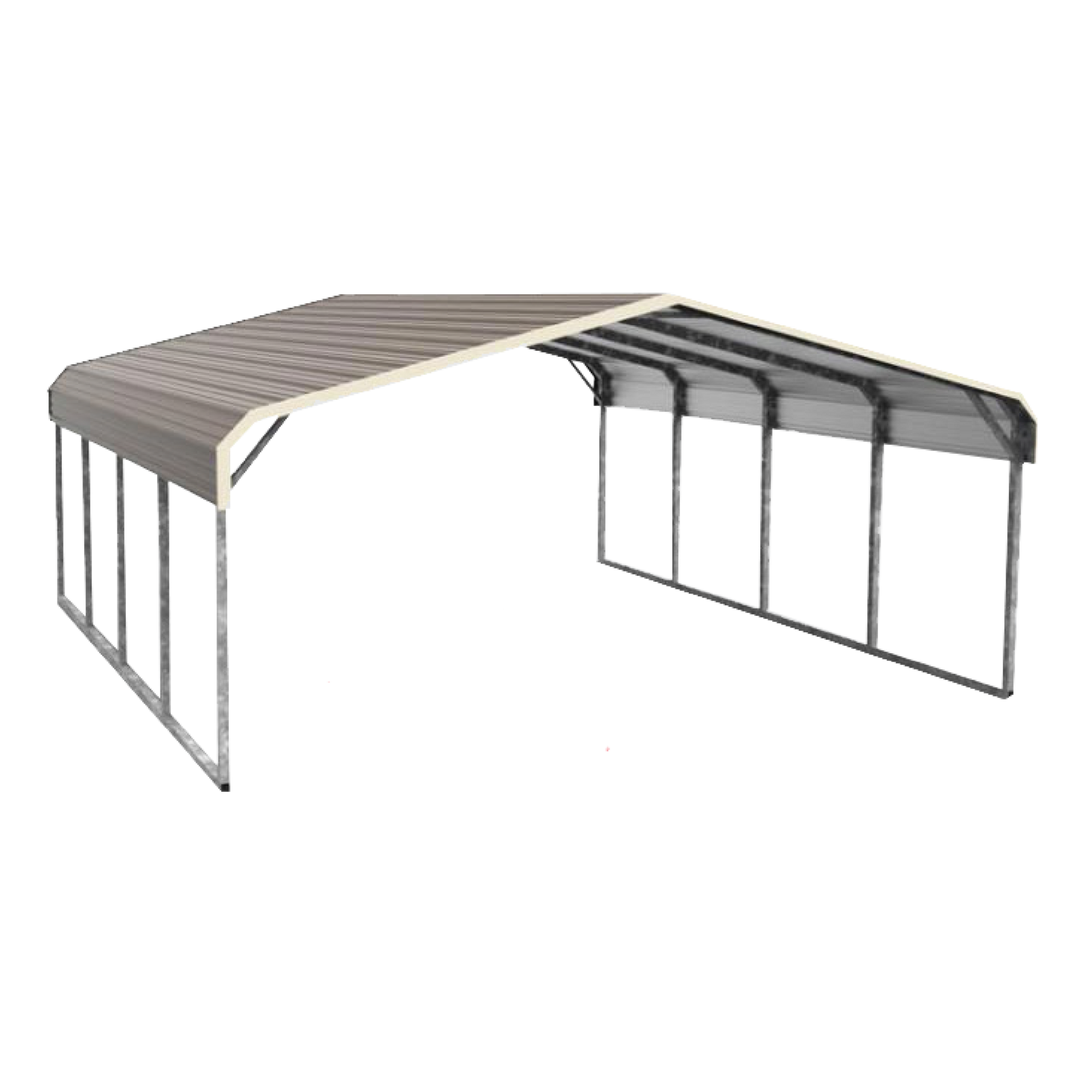 Metal carport with a tan roof and gray frame.