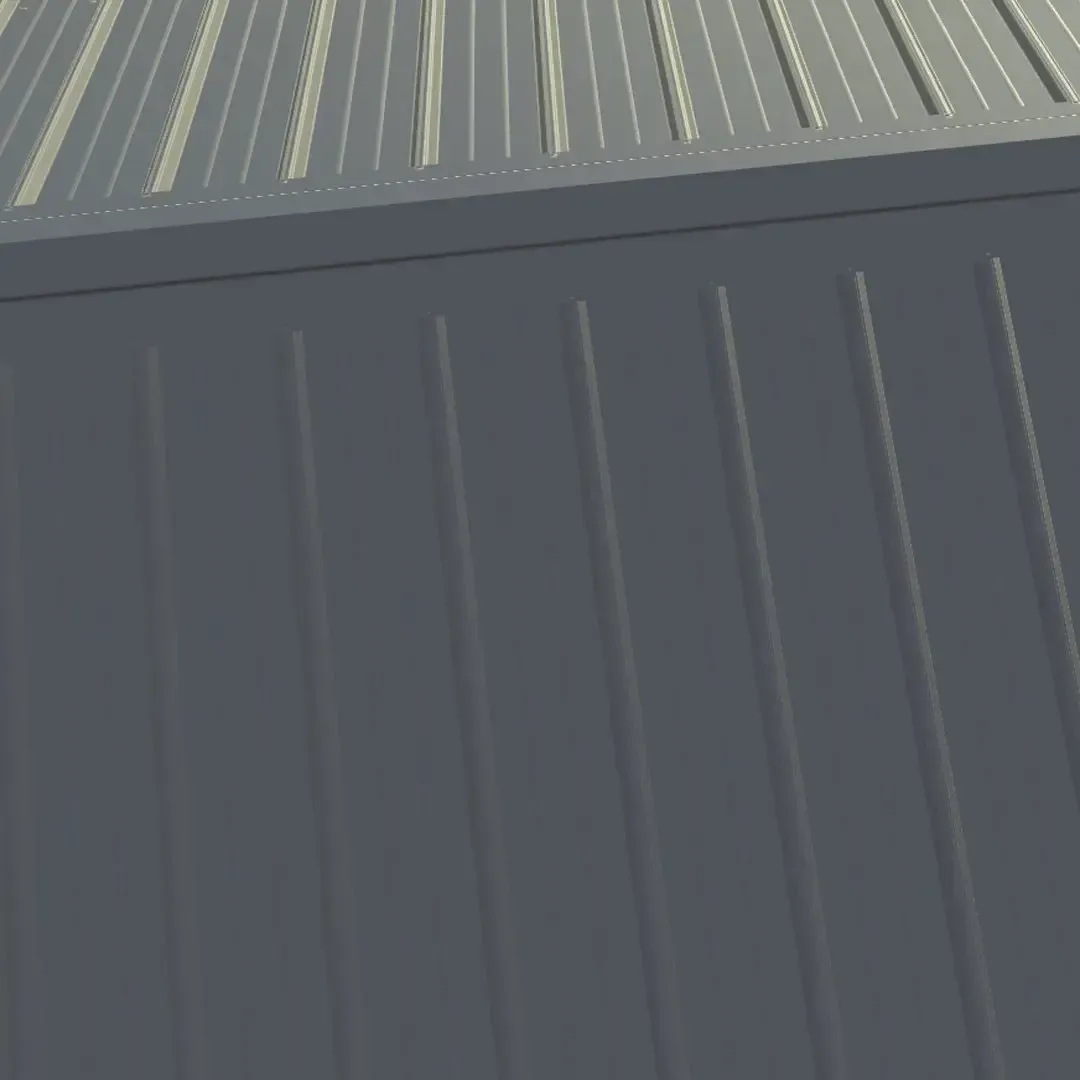 Gray metal building with vertical lines and a ribbed roof.