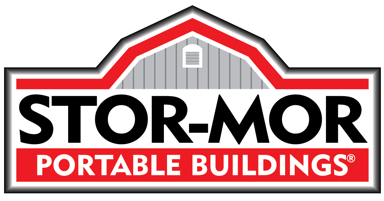 Stor-Mor Portable Buildings logo: red shield with a 