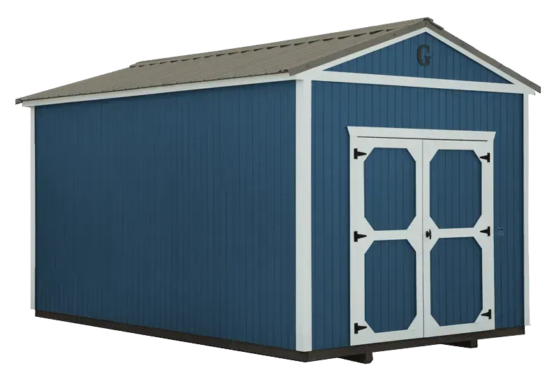 Blue storage shed with white-trimmed double doors and a gray roof.