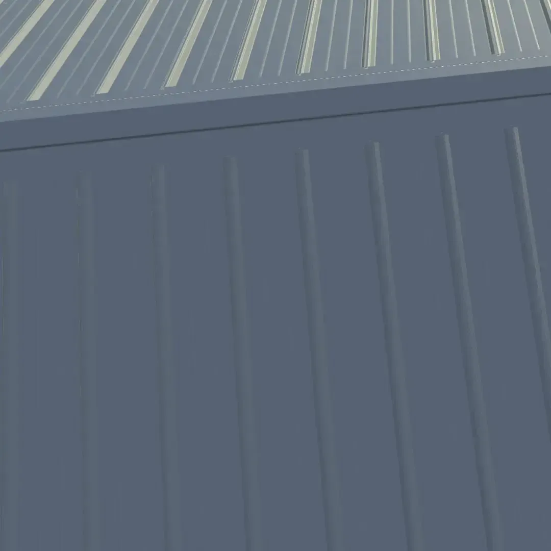 Blue corrugated metal siding and roof.