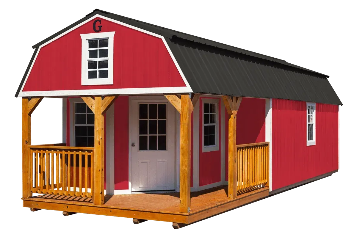 Red and tan barn-style shed with a porch, black roof, and small windows.