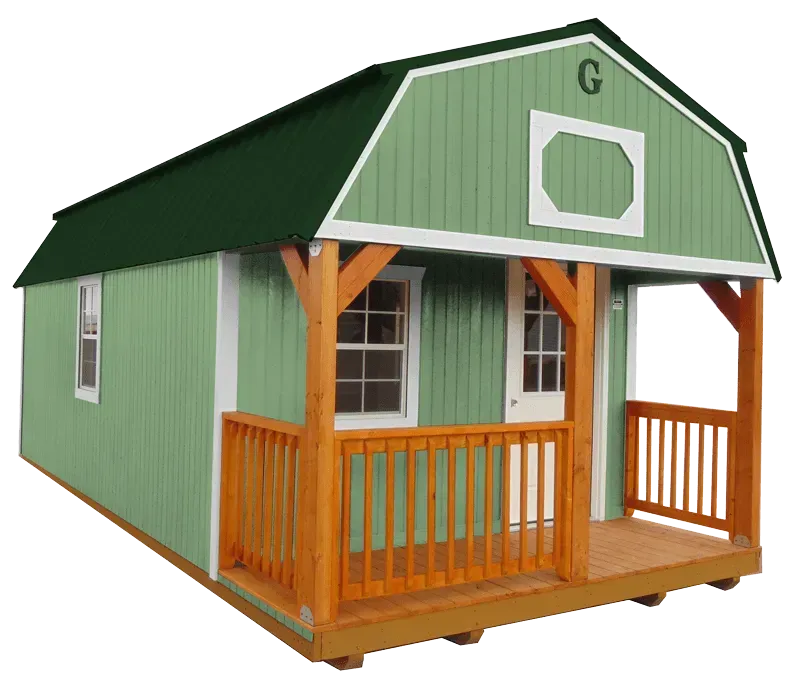 Green and brown shed with a porch; green siding, brown porch and trim, dark green roof.