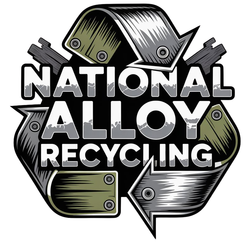 A logo for National Alloy Recycling with text surrounded by an olive and grey arrow loop resembling a recycling symbol.