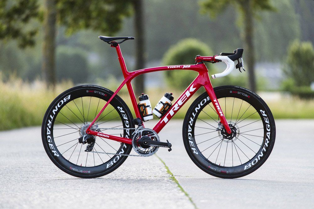 A sleek, high-performance Red Trek road bike.