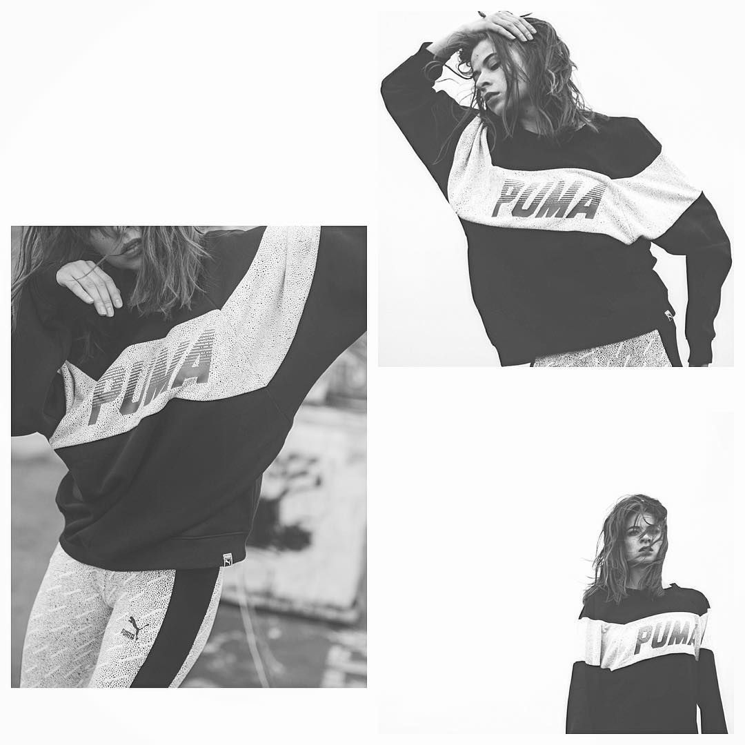 Woman wearing Puma sweatshirt, posing in several angles. Black and white.