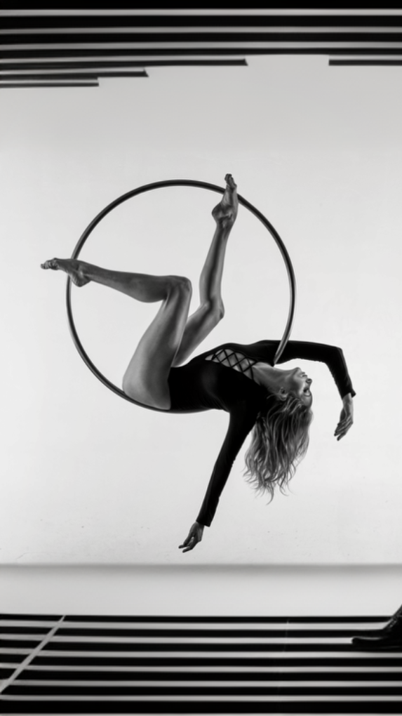Aerialist in a black leotard, hanging in a hoop. Performing a graceful pose against a black and white striped background.