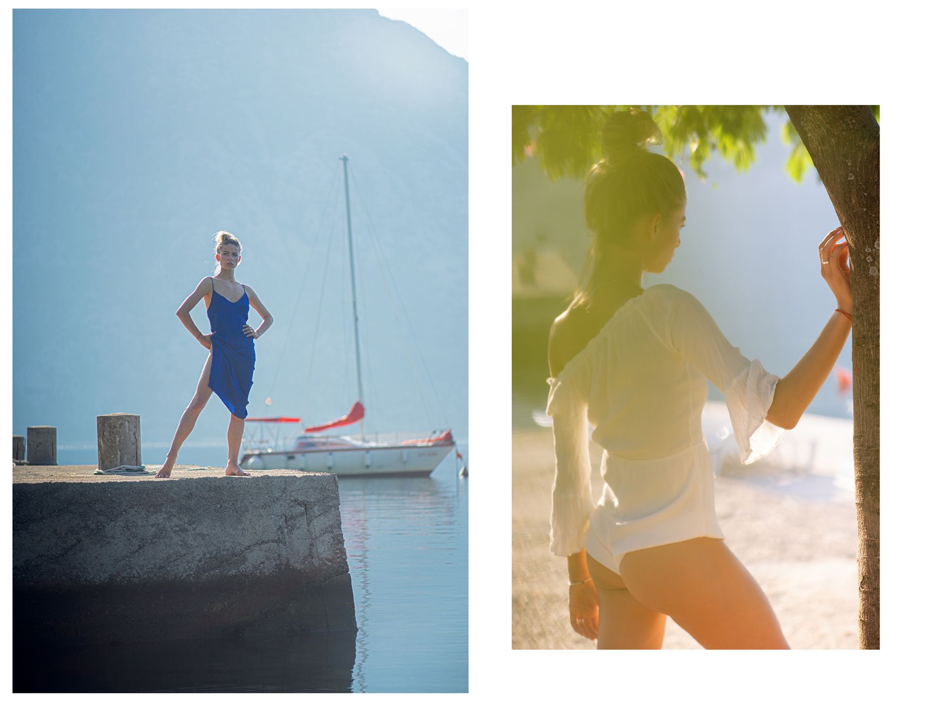 Woman in blue dress stands by a lake, a sailboat behind her. Another woman poses by a tree.