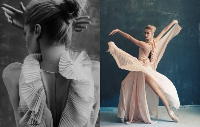 Woman in elegant gown, poses in dance studio; black and white and color images.