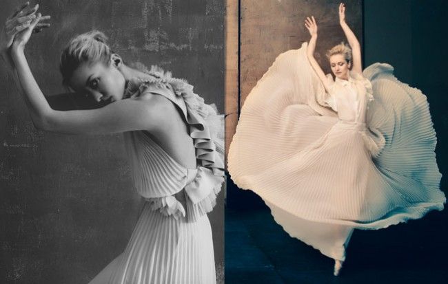 Two women in flowing white dresses, one leaning, one floating, arms raised.