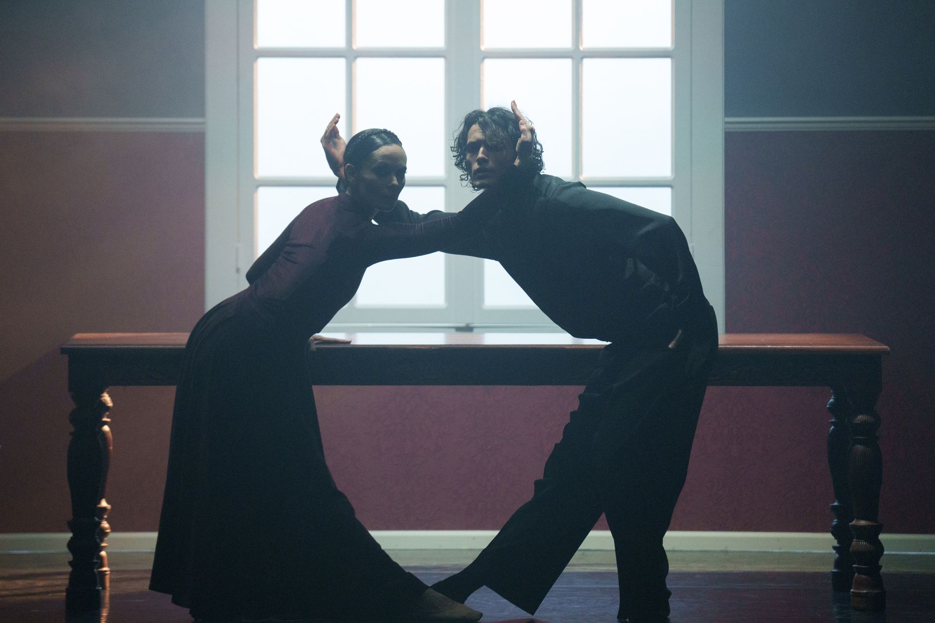Two figures in dark clothing leaning towards each other over a wooden table, in front of a bright window.