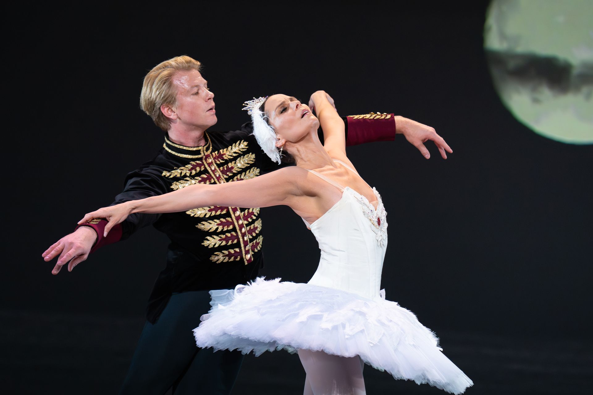 Ballet dancers in Swan Lake pose: man in ornate jacket, woman in white tutu, set against a dark backdrop with a moon.