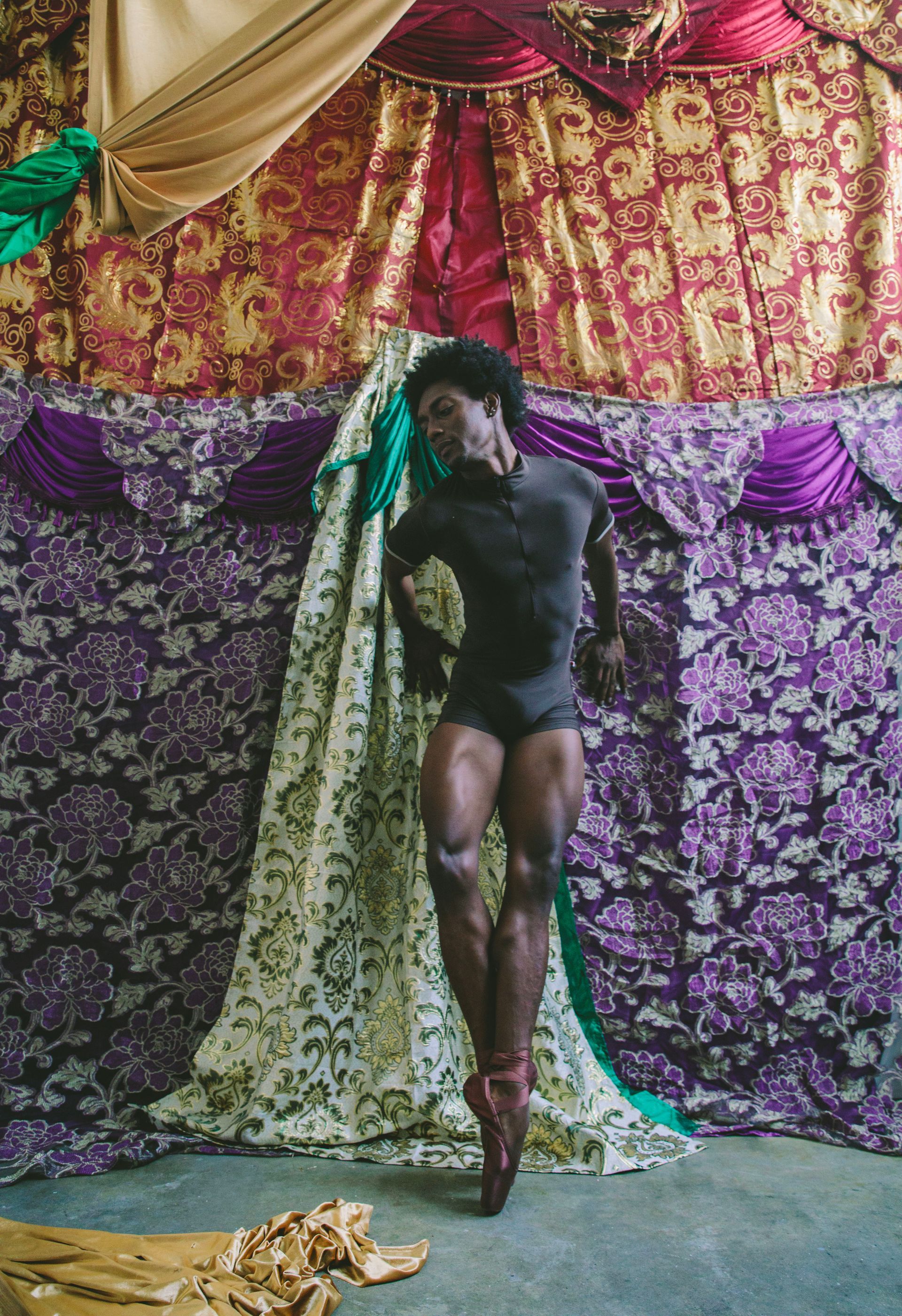 Dancer in a black leotard on pointe, leaning against patterned fabrics.