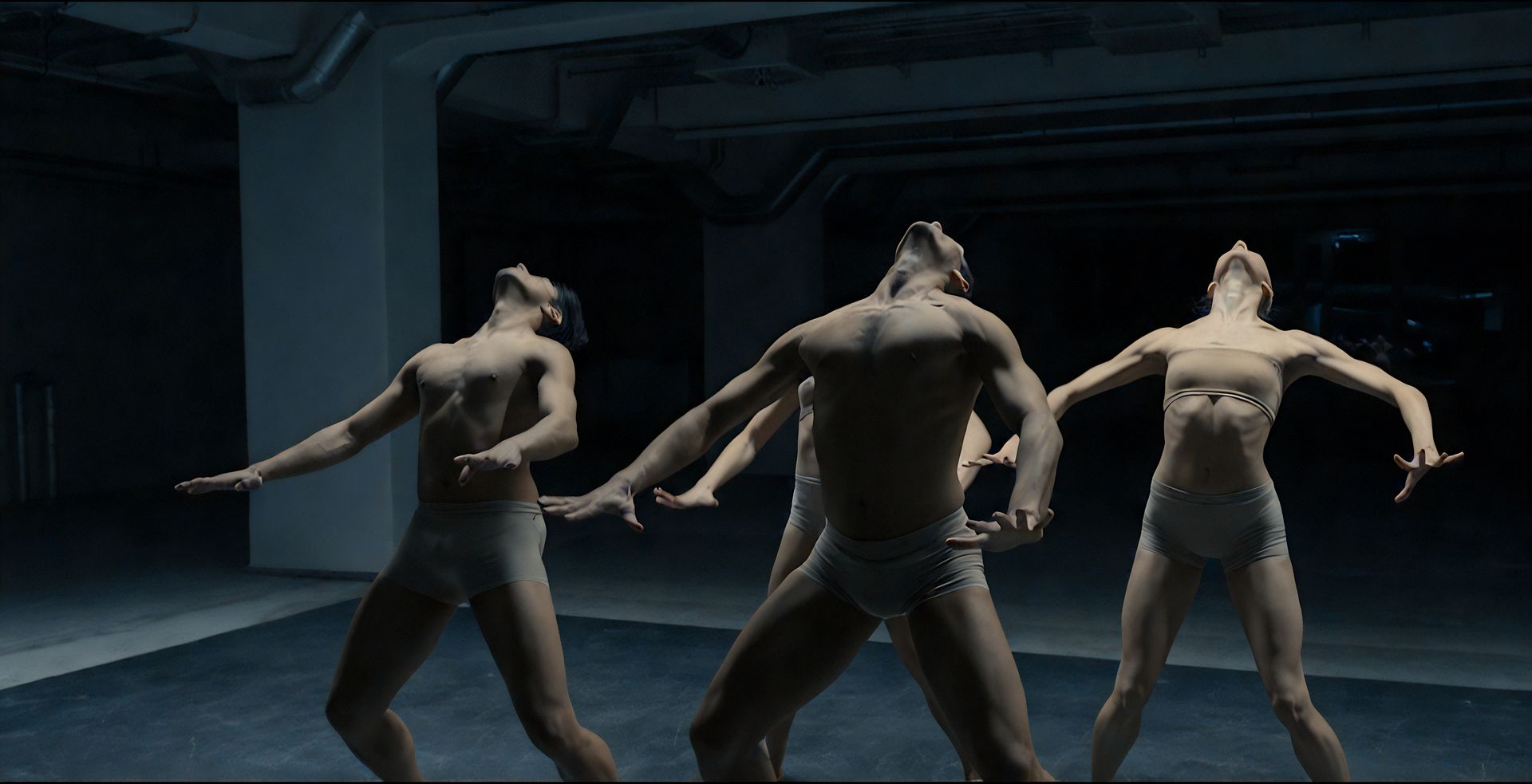 Dancers perform in a dim, industrial setting. They reach upward with arms outstretched. Bare chests, neutral underwear.