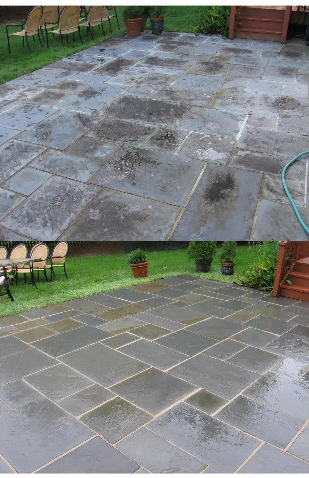 Comparison of a dirty and cleaned stone patio; before and after pressure washing.