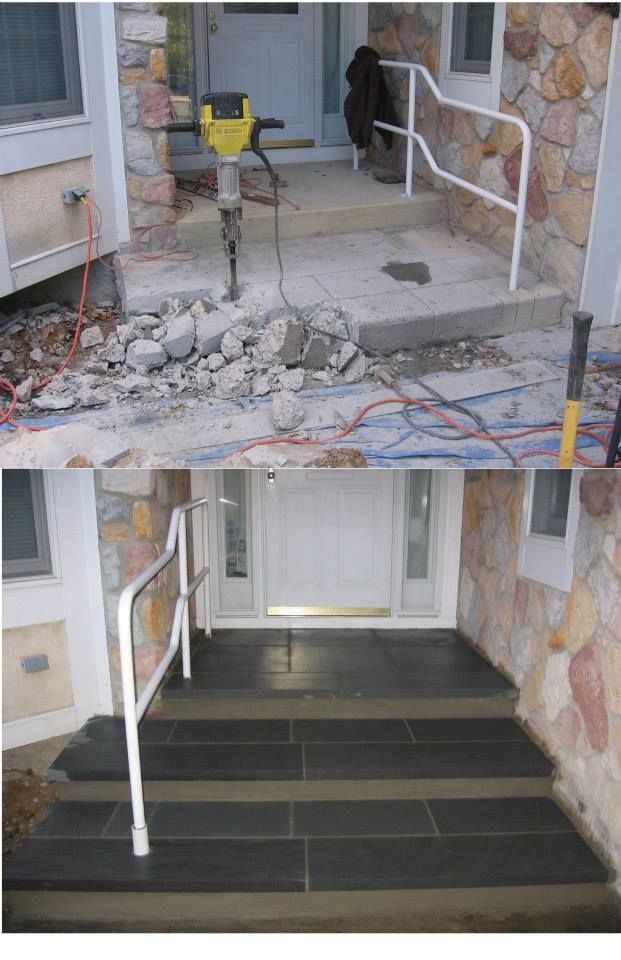 Before and after: removing concrete steps. New slate steps with white handrail and entrance.