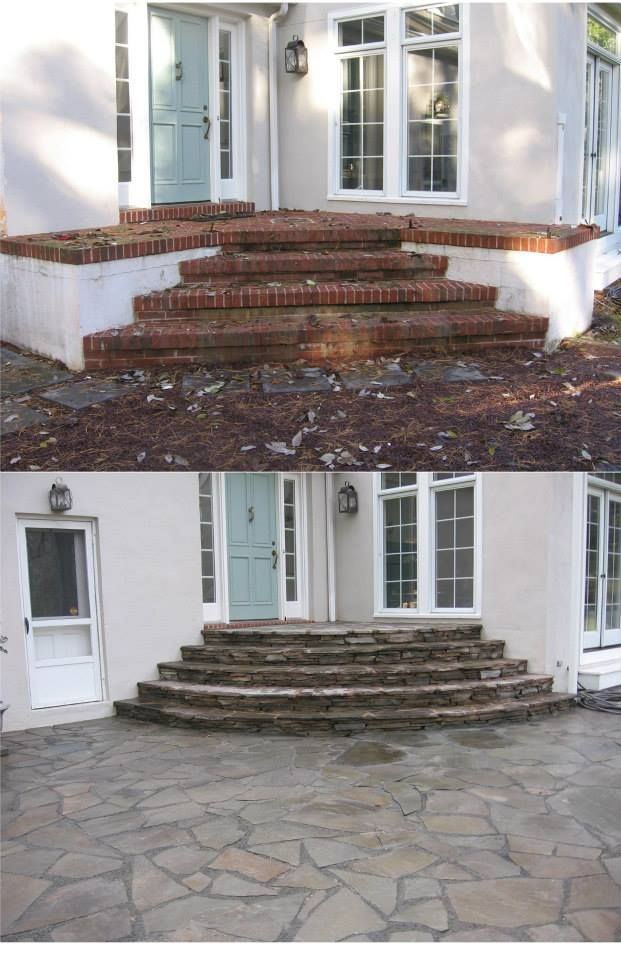 Before and after of a house entrance. Red brick stairs, then flagstone stairs. Gray and white house.