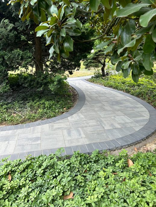 Curving paved walkway through a garden, bordered by green foliage and trees overhead.