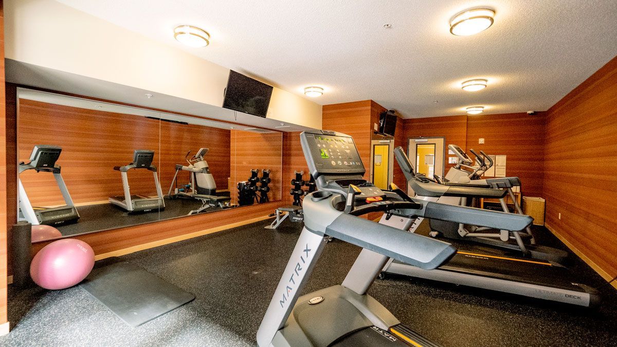 A gym with treadmills , a pilates ball , and a large mirror.