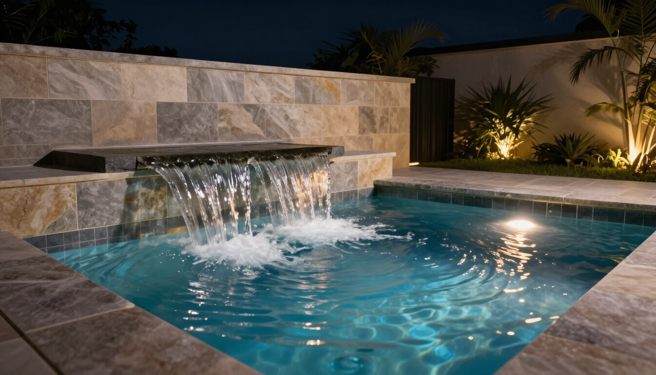 Modern backyard pool with a stone waterfall, lit at night with blue water and landscape lighting
