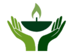 Hands cupping a dark green bowl with a lit candle, green flame rising.