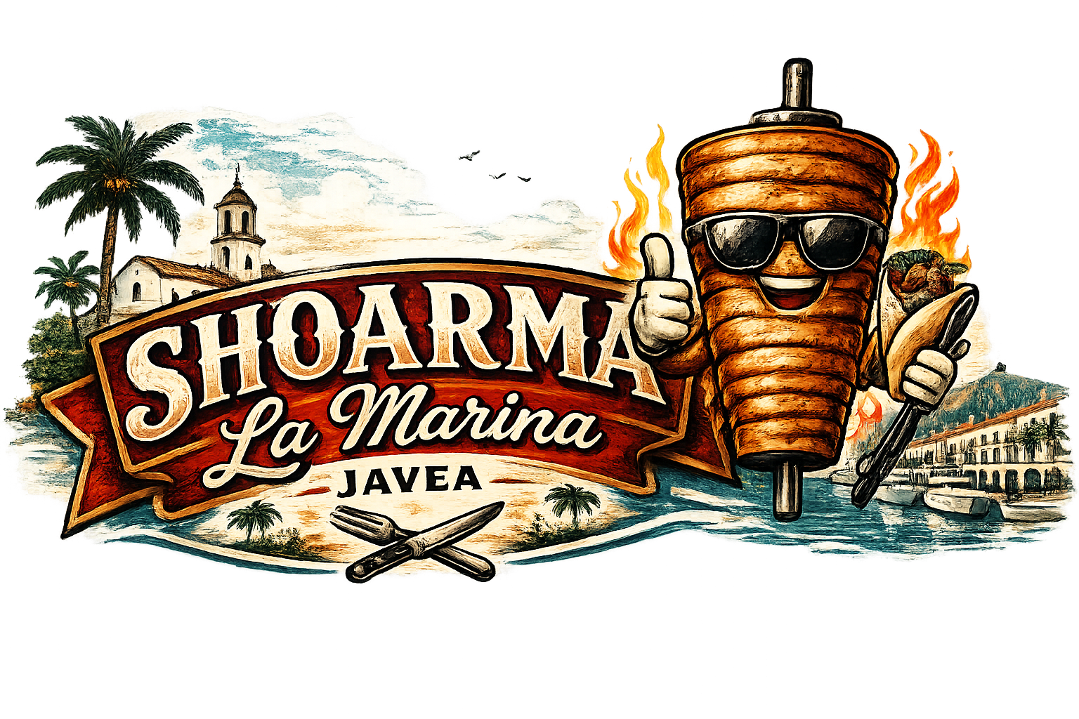 Het logo van ShoaRma La Marina Javea met een palmboom, een kerk en een cartoonachtige shawarma-mascotte.