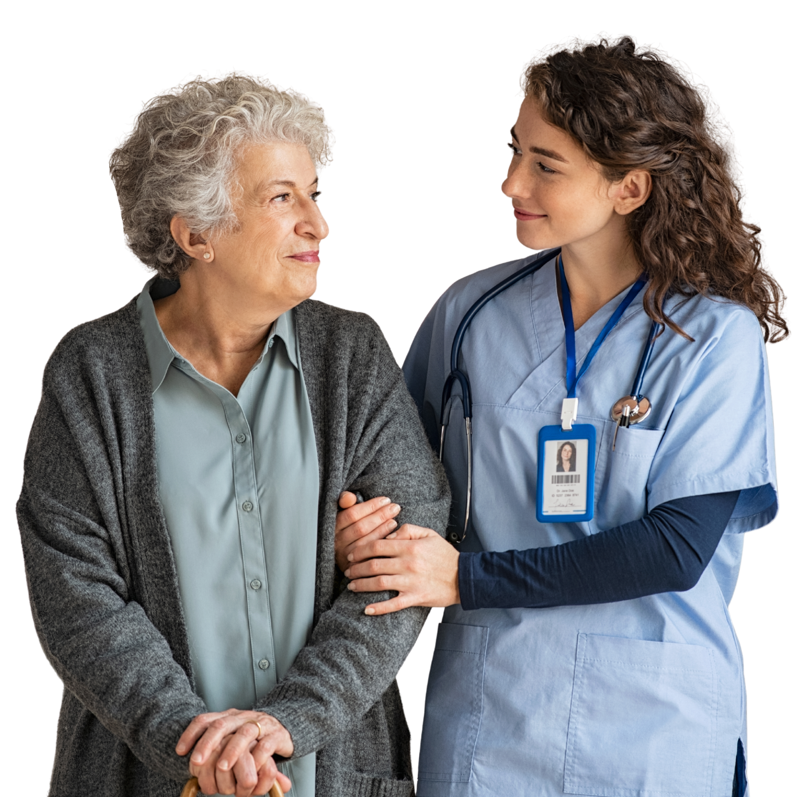 Two medical professionals smiling, arms crossed, wearing blue scrubs and stethoscopes.