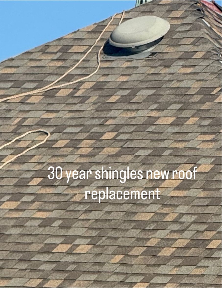Roof with new 30-year shingles, a vent, and exposed electrical wire. Shingles are brown and gray.