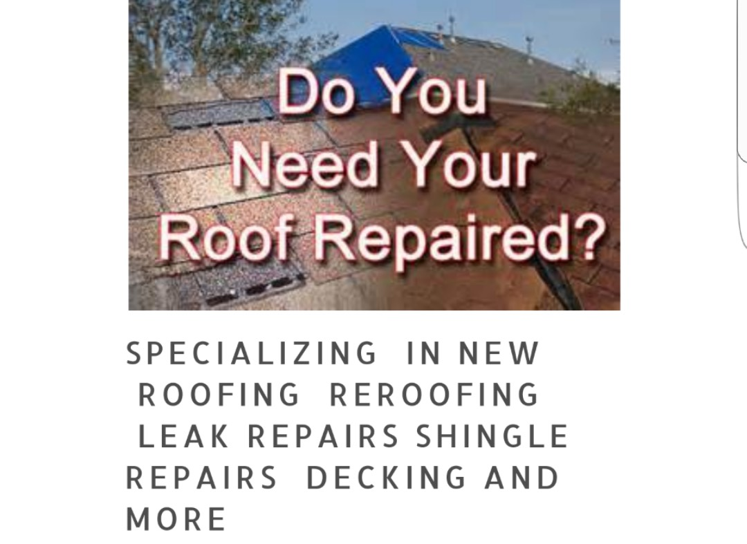 Advertisement: Roof repair services, including new roofing, leak repairs, and decking.