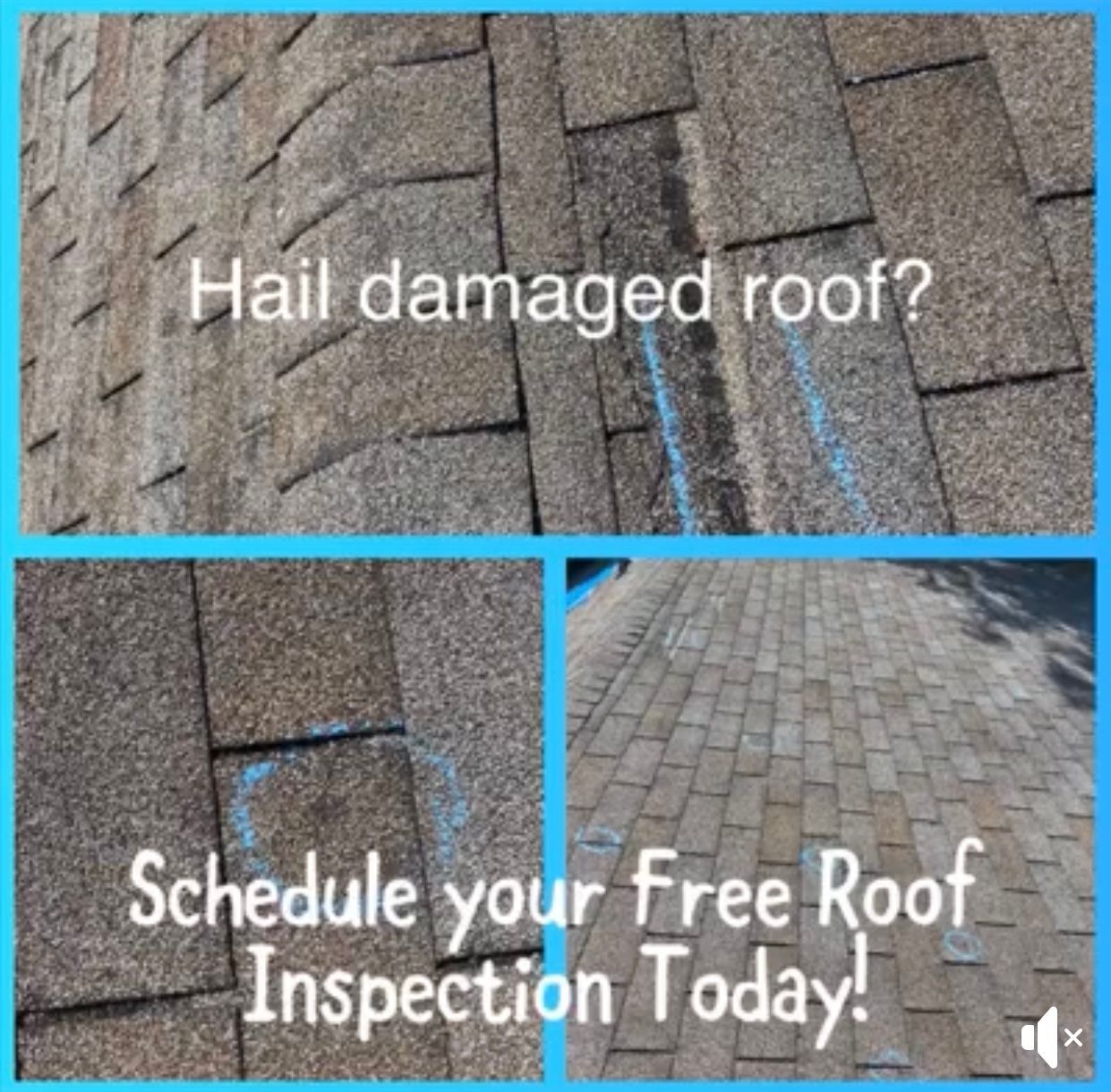 Three images show hail-damaged asphalt shingle roof. Text: 