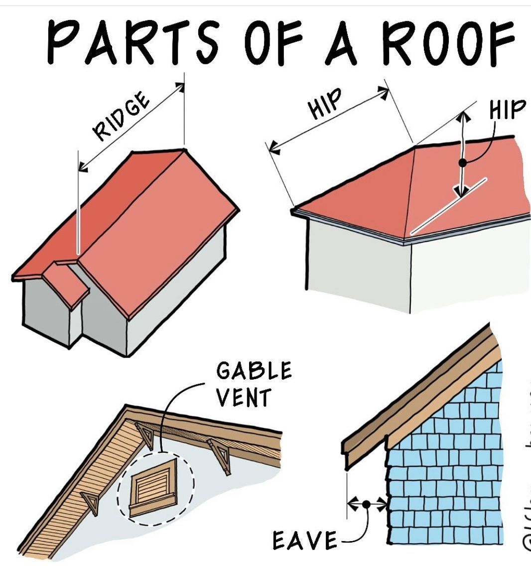 Diagram illustrating parts of a roof: ridge, hip, gable vent, and eave on different roof styles.