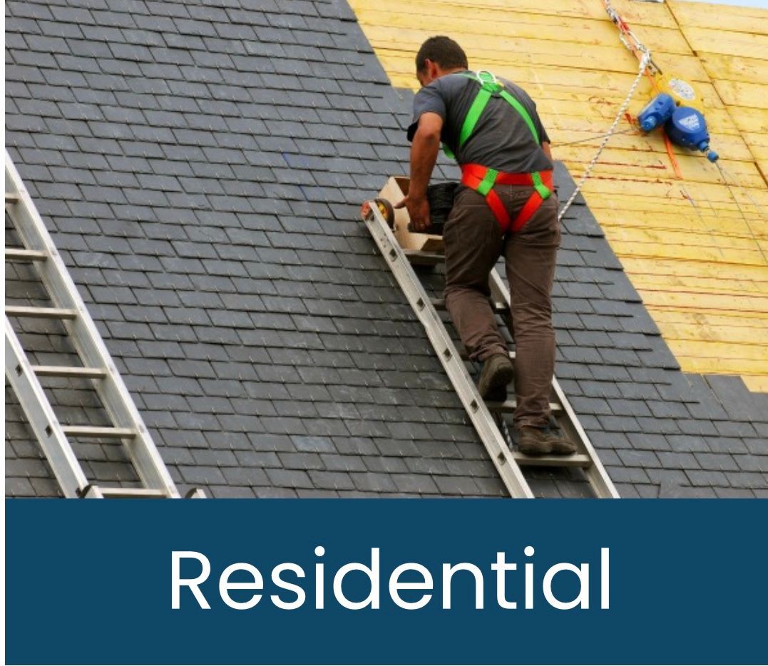 Roofer on a ladder installing shingles on a house roof. Safety harness, blue sky. Text: Residential.