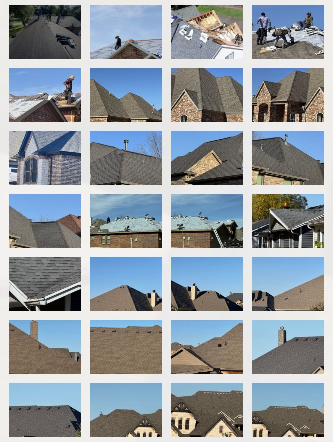 A grid of various roofing shingles and workers on roofs under a blue sky.