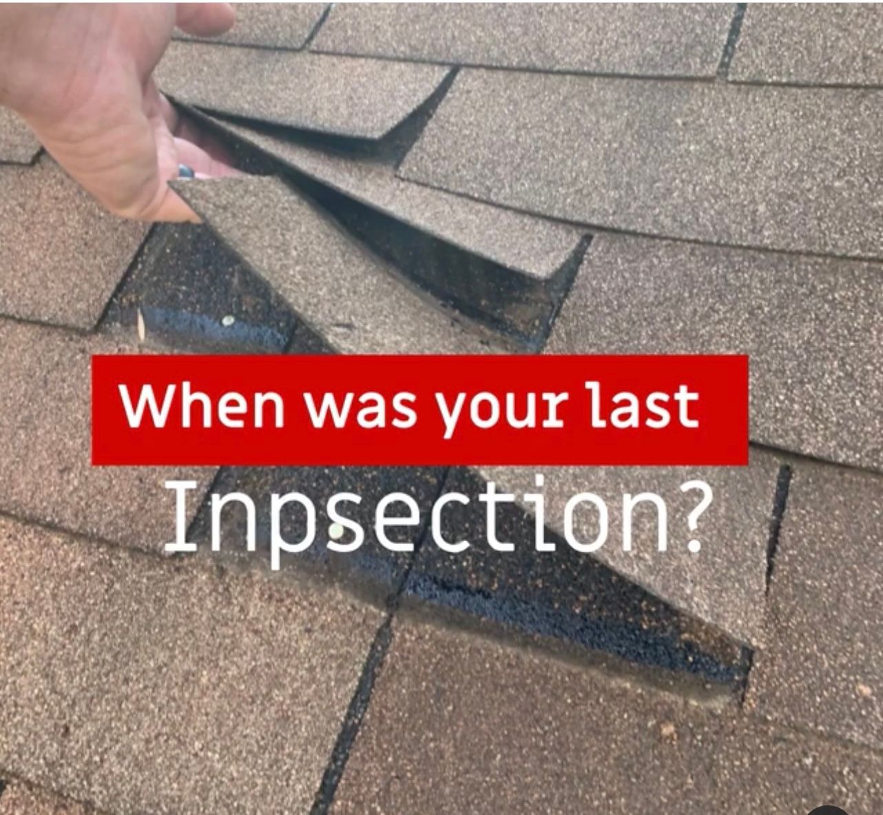 Hand lifting loose asphalt shingle on a damaged roof, text: 