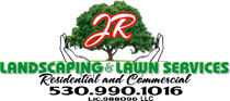 Logo for JR Landscaping & Lawn Services showing a tree held by hands with contact info 530.990.1016.