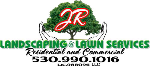 Logo for JR Landscaping & Lawn Services showing a tree held by hands with contact info 530.990.1016.