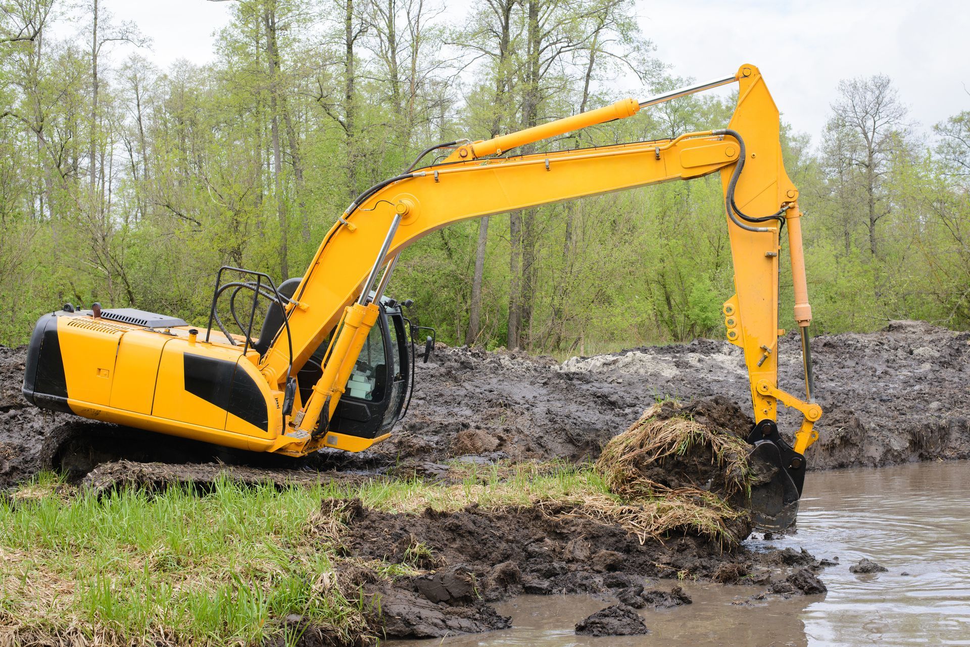 Yellow excavator scoops mud from a muddy pond near a grassy bank and trees.