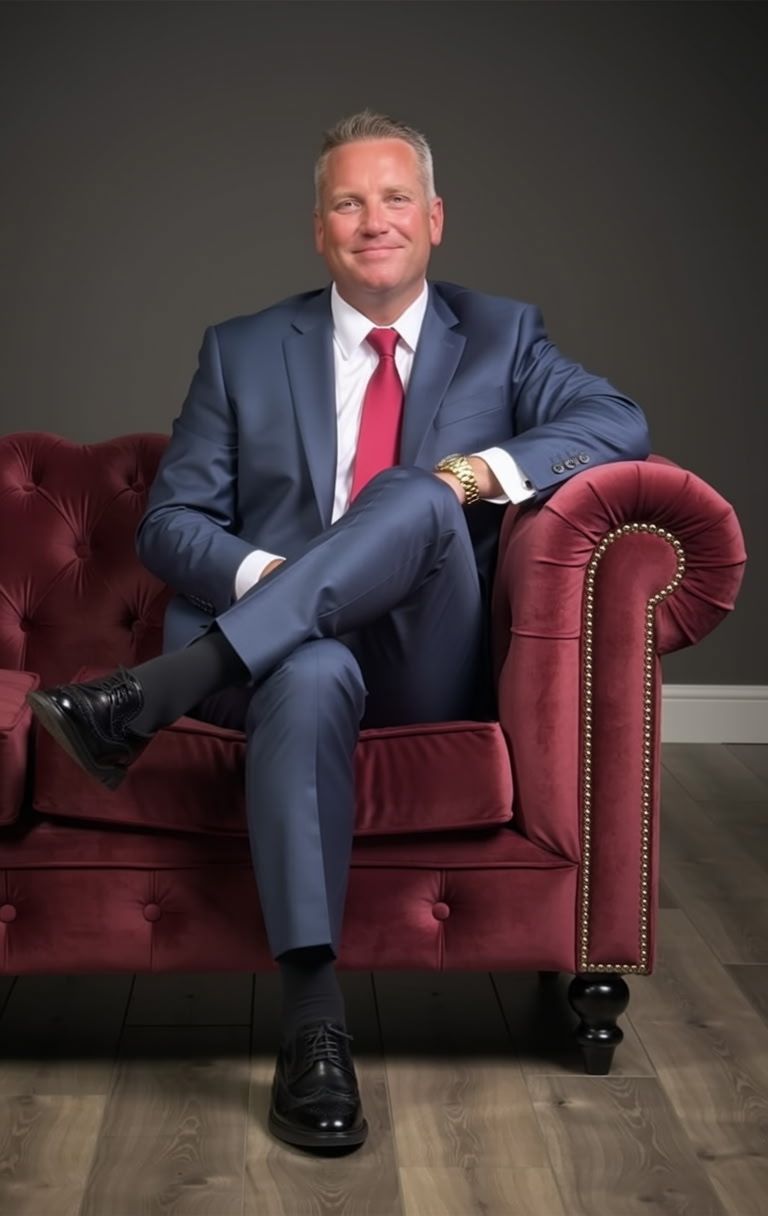 Man in a blue suit and red tie sits on a maroon tufted sofa, arms crossed, smiling.