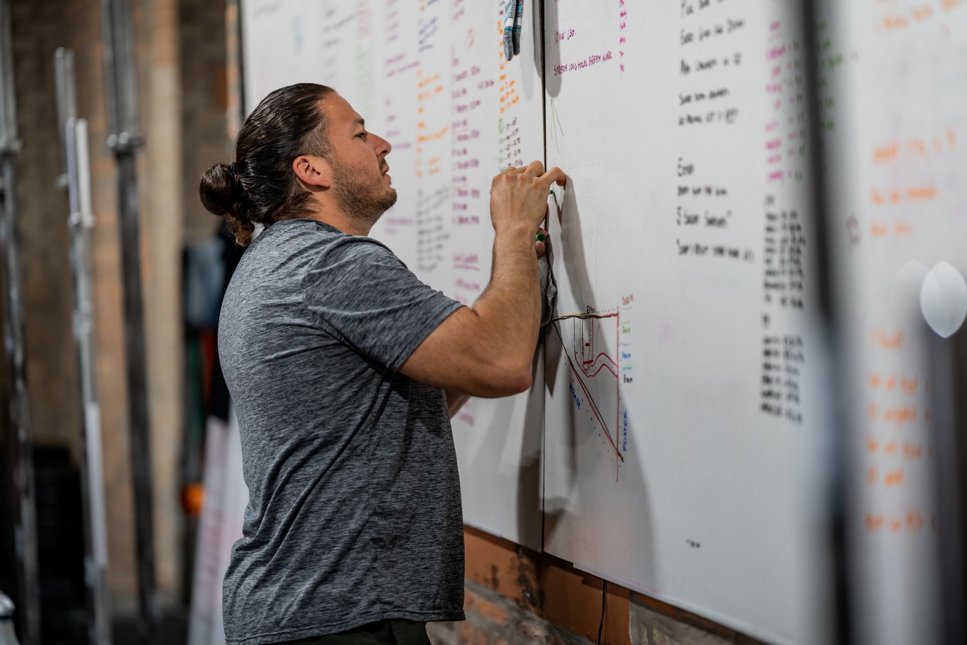 Man with a ponytail wearing a gray shirt, attaching papers to a whiteboard in an industrial-looking setting.