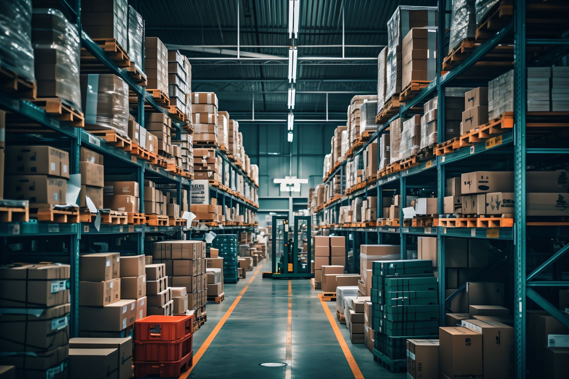A large warehouse filled with lots of boxes and shelves.