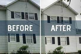 A before and after picture of a house with black shutters.
