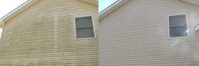 A before and after picture of a brick house with two windows.