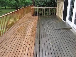 A before and after picture of a wooden deck being cleaned.