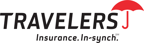 Travelers Insurance logo: Black text with a red umbrella icon.