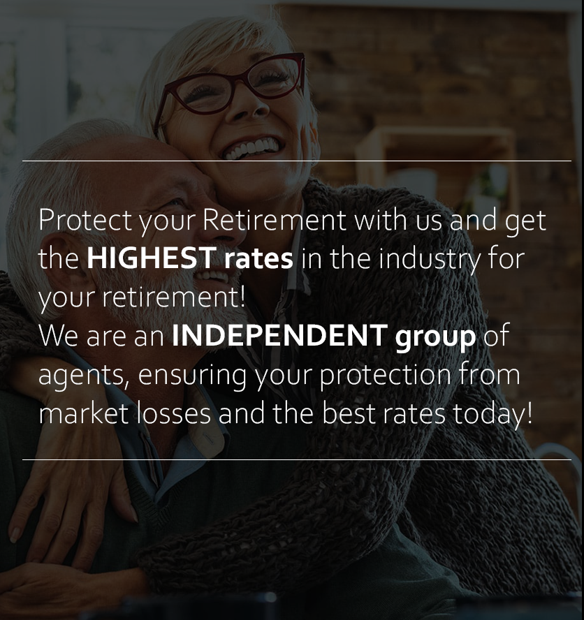 An elderly couple embracing, smiling, with text promoting retirement planning.
