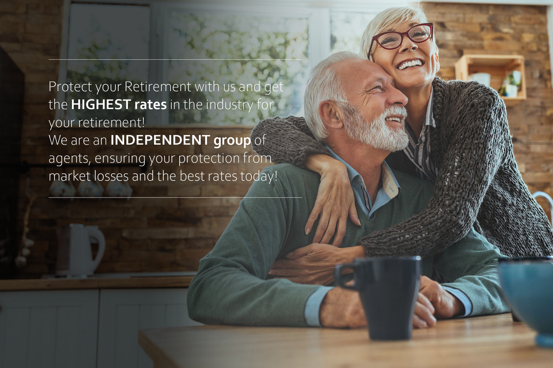 An elderly couple embracing, smiling, with text promoting retirement planning.