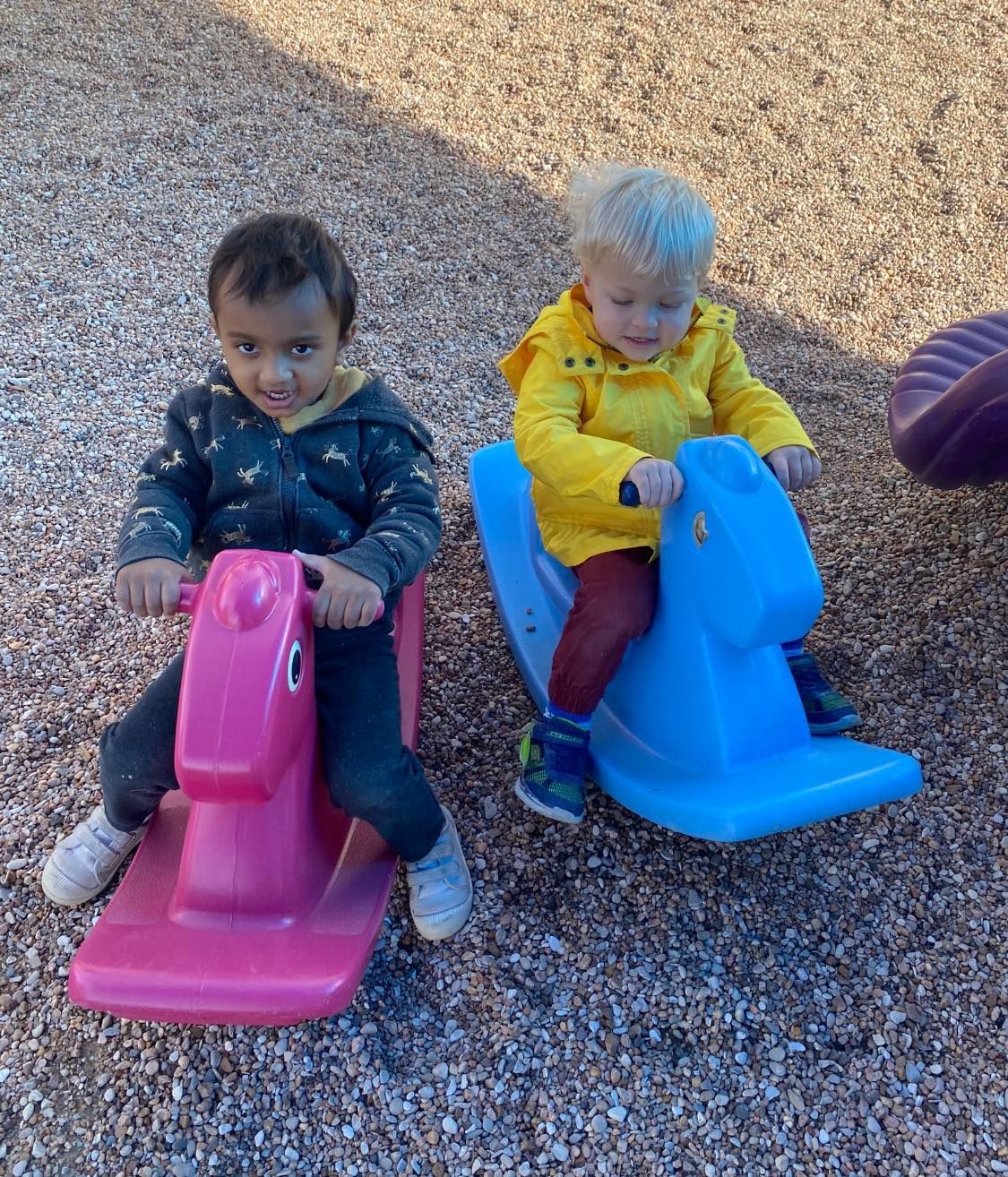 two children are riding rocking horses in a playground